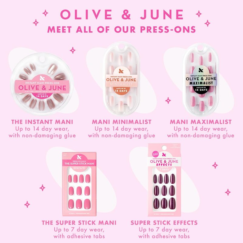 Olive & June Classic Super Stick Mani Press On Nails | No Glue Needed | 32 Tab Nails, 16 Sizes | Non-Toxic Easy On-Off Non-Damaging Real Look | 7-Day Wear | Short, Round | Classic French