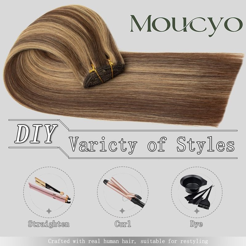 Clip in Hair Extensions Real Human Hair 100% Remy Human Hair Seamless Balayage Invisible clip on hair extensions for women Double Weft 7pcs 14 Inch 75g #4/27 Chocolate Brown Highlight Honey Blonde