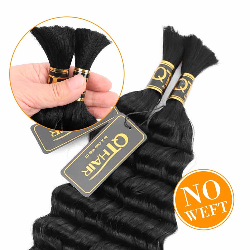 QTHAIR Deep Wave Bulk Human Hair For Braiding 18A No Weft (20" 50g #1B(Natural Black)) 100% Unprocessed Brazilian Deep Wave Human Hair Virgin Hair Extensions Two Bundles Micro Braiding