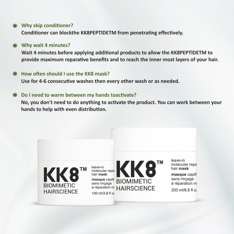 KK8 Biomimetic Hairscience Leave-In Molecular Hair Mask, Professional Repair Treatment for Damaged & Color-Treated Hair, 3.8 fl oz