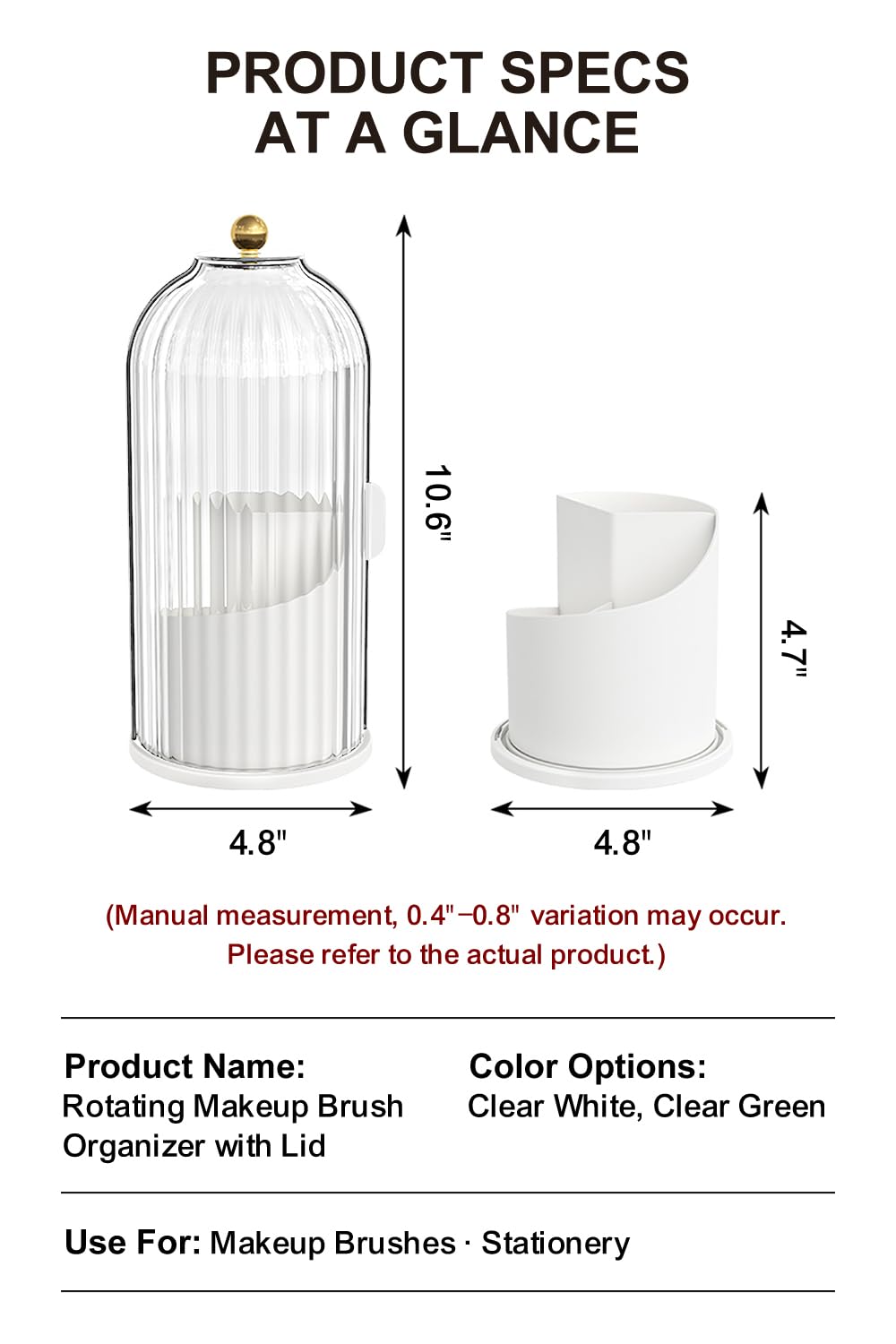 Makeup Brush Holder with Lid 360° Rotating, Clear Dustproof & Waterproof Make Up Brush Holder Organizer, Transparent Makeup Brush Organize