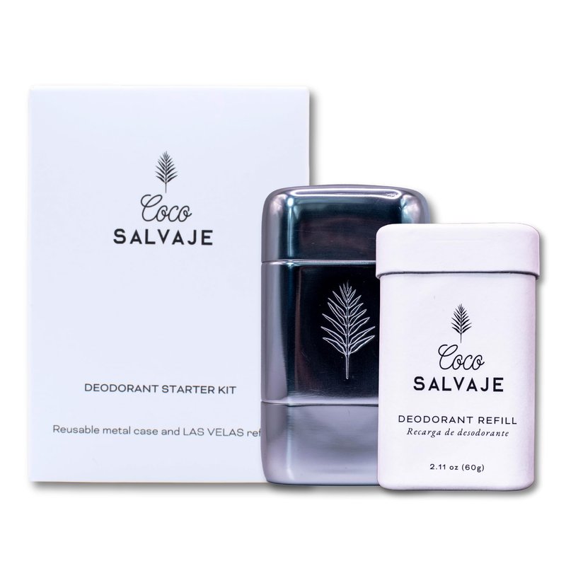 COCO SALVAJE Natural Deodorant Starter Kit for Women & Men | Aluminum Free with Magnesium | Non toxic, Vegan, Hypoallergenic and Pregnancy Safe | 2.11oz Refill & Metal Case (LAS VELAS (Minty))