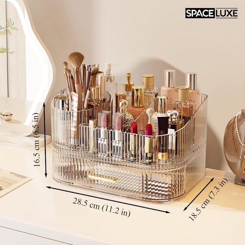 SpaceLuxe Makeup Organizer with Drawers and 360° Rotating Brush Holder, Large Capacity Cosmetic Storage for Vanity, Skincare, Perfume, Hair Accessories, Lipstick & Jewelry (Clear, 2-layer)
