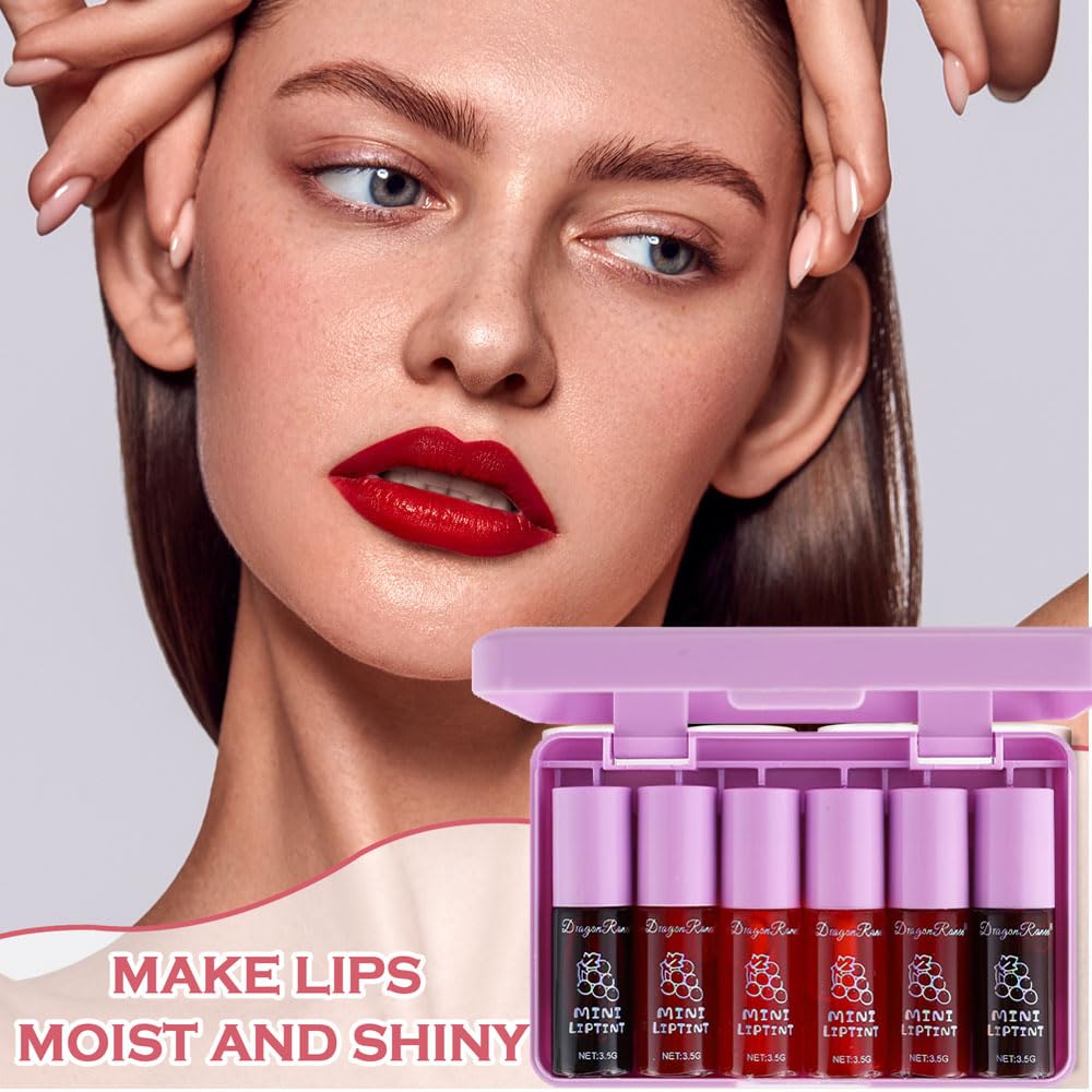 6 Colors Lip Tint Stain Set, Korean Velvet Watery Lip Stain Moisturizing Mini Liquid Lipstick, Multi-use Lip and Cheek Tint, Long lasting Non-Stick Cup Waterproof, Lip Color Makeup