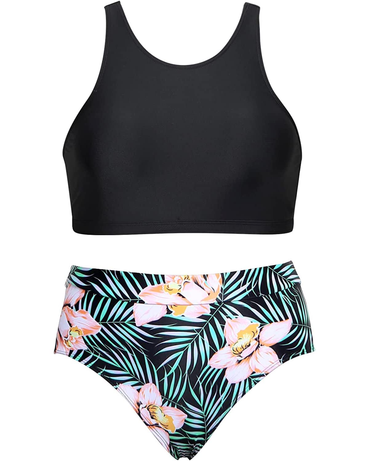 Tempt Me Black Floral Women High Waisted Bikini Two Piece Swimsuits High Neck Crop Top Racerback Sporty Bathing Suits for Teen Girls M