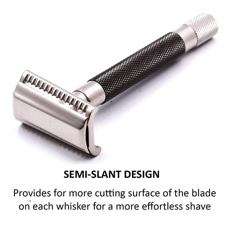 Parker Semi-Slant Safety Razor – Graphite Finish | Close Shaving Double Edge Razor for Sensitive Skin & Coarse Hair | Slanted Precision Head + 5 Platinum DE Blades | Iconic Brand
