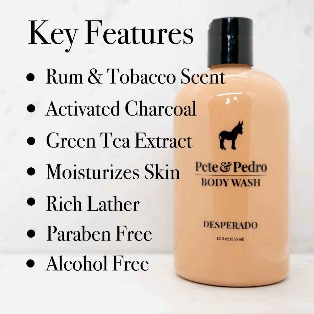 Pete & Pedro DESPERADO BODY WASH For Men - Rum & Tobacco Scented Moisturizing Men's Shower Bodywash | Has Activated Charcoal & Helps With Dry Skin | As Seen on Shark Tank, 12 oz.