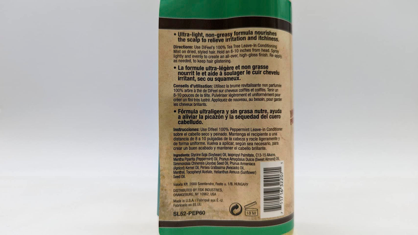 Difeel Scalp Care Leave in Conditioning Treatment - Peppermint Oil 6 oz. with Spray Cap & Dispensing Cap