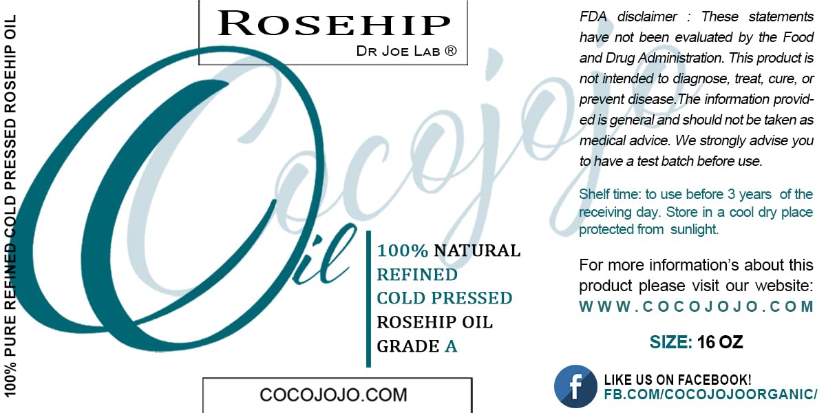 cocojojo Rosehip Oil for Face, Rose Oil for Face, Rose Hip Oil for Face, Rosehip Oil, Pure Refined Cold Pressed All Natural for Hair Skin Face Body Nails Jojoba Oil - 16 Oz
