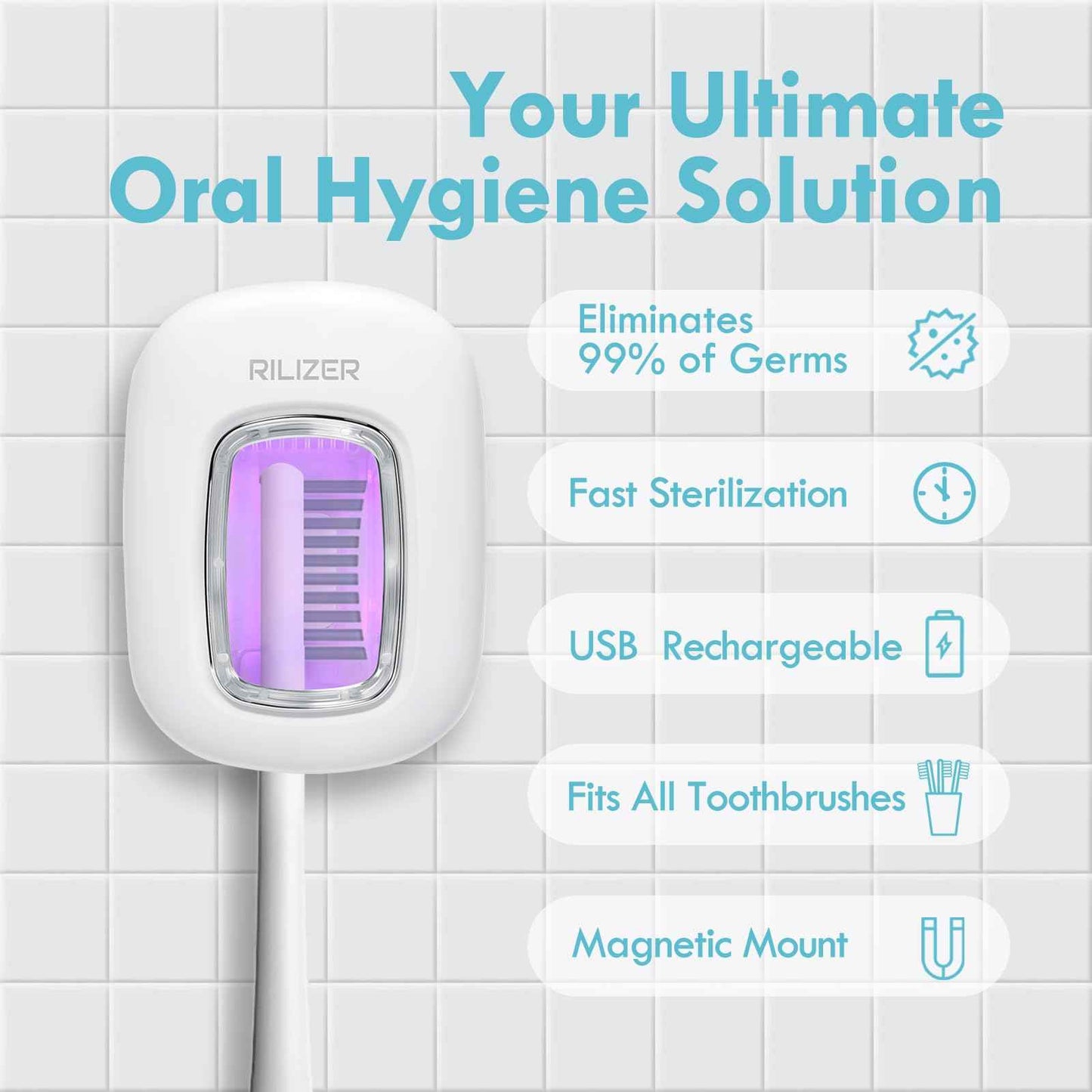 RILIZER UV Toothbrush Sanitizer Cover, Rechargeable Travel Cap with Magnetic Wall Mount, Portable Cleaner for Any Size Toothbrush