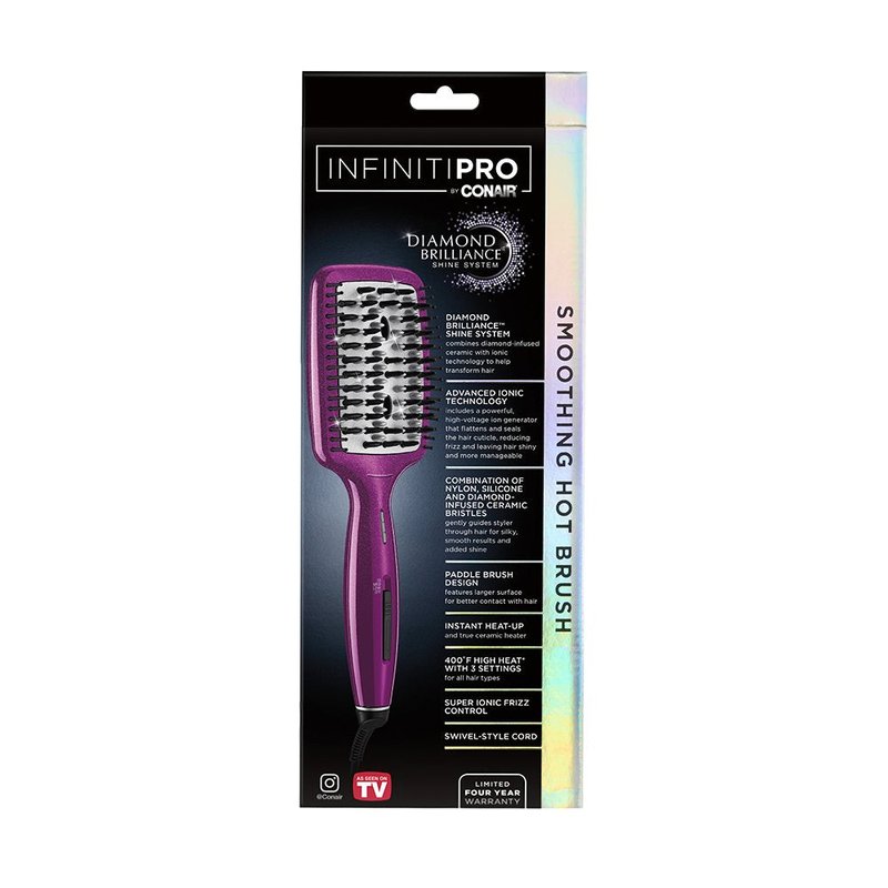 Conair Diamond-Infused Ceramic Smoothing Hot Brush/Straightening Brush, Pink, 400 Degree High-Heat with 3 Settings