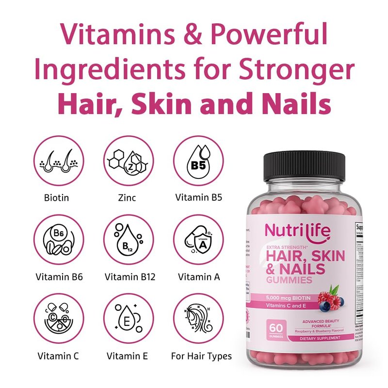 NutriLife Advanced Hair, Skin & Nails Gummies – Biotin with Vitamin C & E – Vegan Beauty Support – Promotes Hair Growth, Strong Nails & Radiant Skin – Non-GMO, Gluten-Free, Made in USA