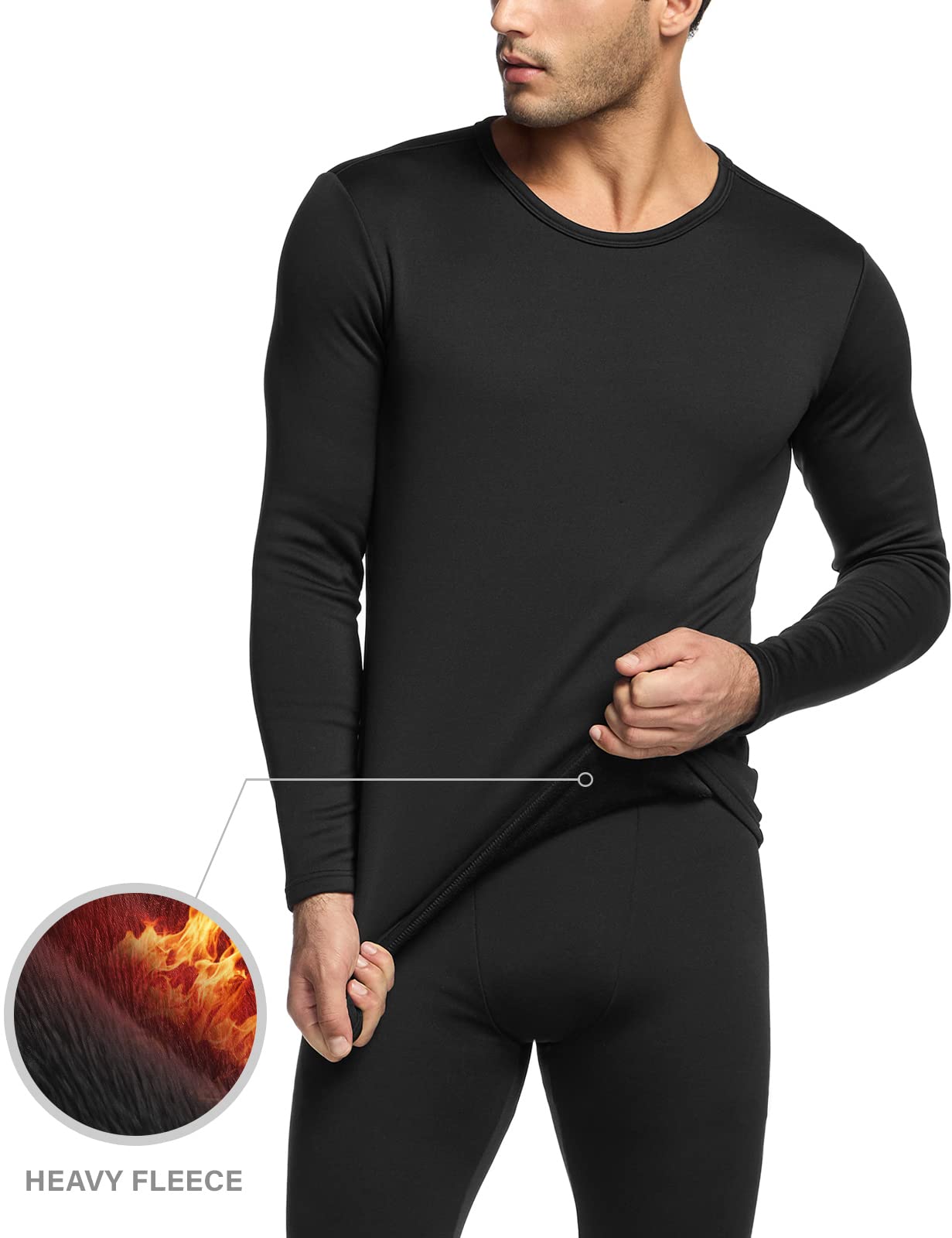 TSLA Men's Thermal Underwear Set, Microfiber Soft Fleece Lined Long Johns, Winter Warm Base Layer Top & Bottom, Heavyweight Fleece Black, Large