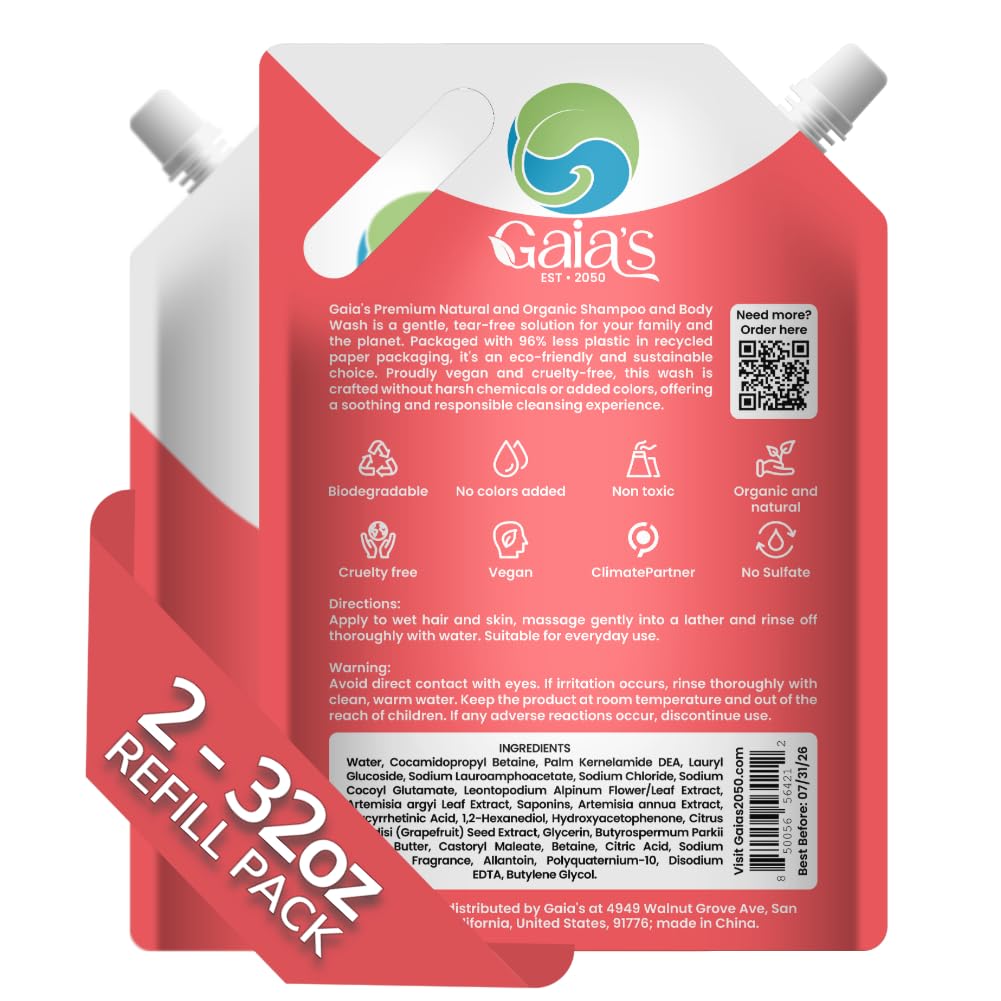 GAIA's Natural Body Wash & Shampoo - Grapefruit | 64 Fl Oz, Sulfate-Free, Organic Ingredients, pH Balanced