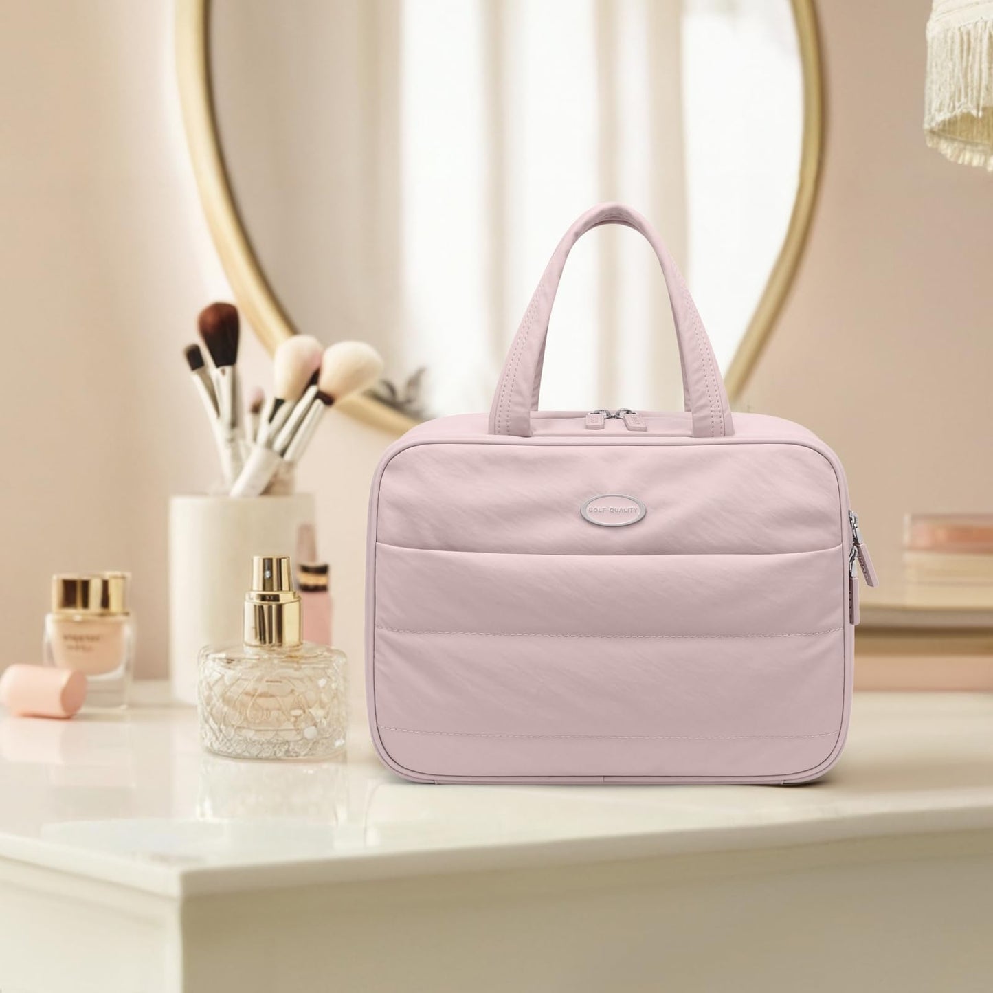 GOLF QUALITY Travel Toiletry Bag,Water-resistant Makeup Cosmetic Bag with Jewelry Organizer Hanging Toiletry Bag for women Trips Camping Bathroom,Smoky Pink