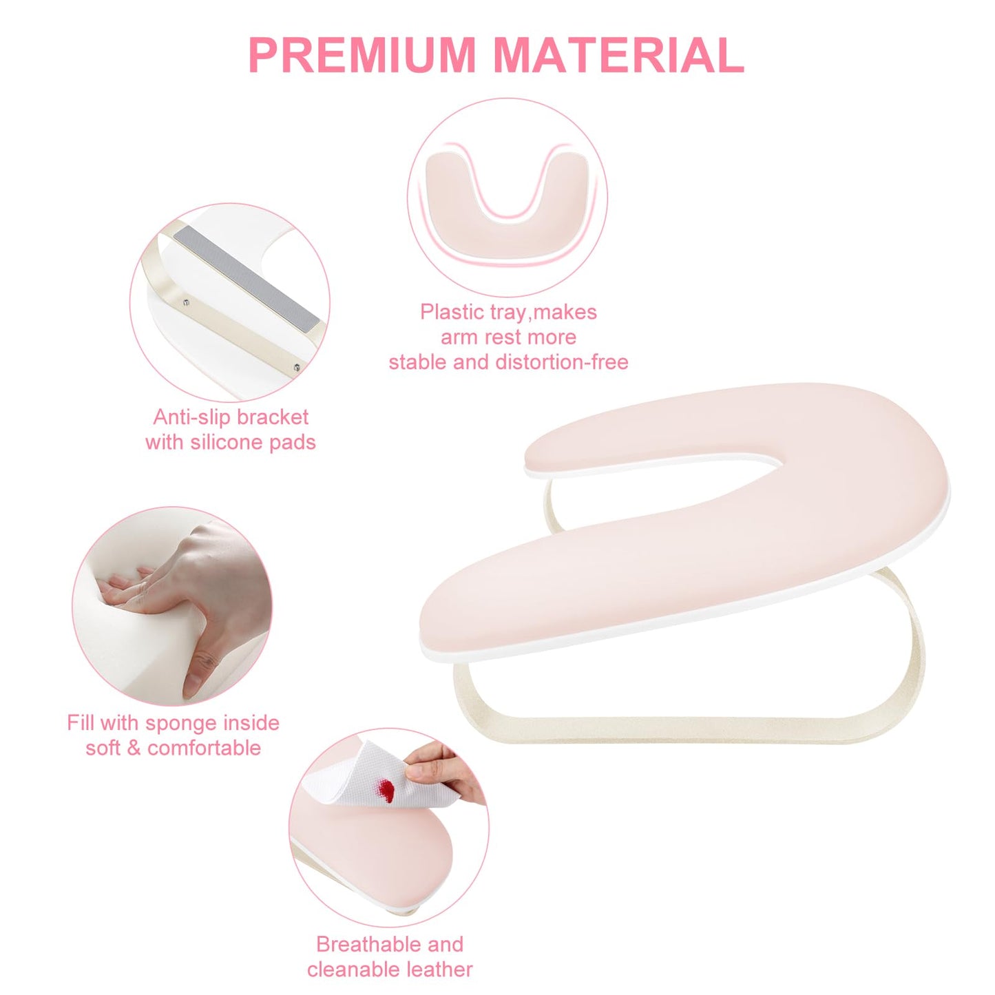 Manicure Arm Rest,U Shaped Nail Hand Rest Pillow with Gold Aluminum Bracket, Cleanable PU Leather Nail Arm Rest Stand for Nail Tech Salon Home Use (Pink)