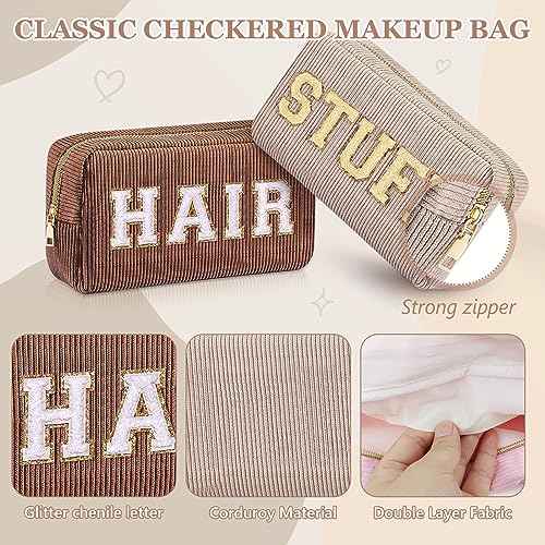 4 Pcs Travel Toiletry Bags for Women Preppy Makeup Bags Organizer Face Skin Hair Stuff Chenille Letter Pouch with Zipper Aesthetic Corduroy Skin care Hair Bag for Women Gifts