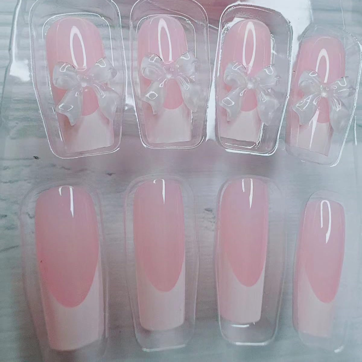 24pcs French Tip Press-On Nails - Short, Charms, Bow, Flower Design, Pink, Cute, Square Shape, Acrylic, Rhinestones