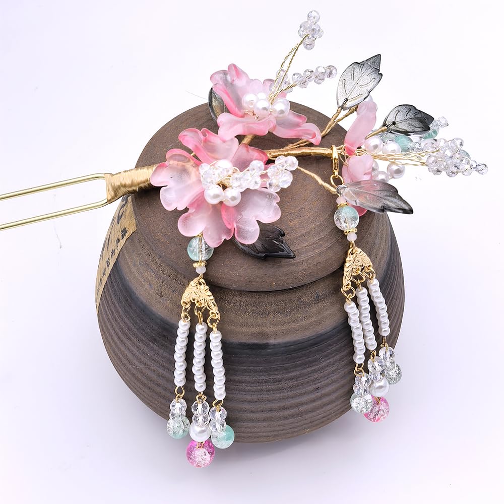 Rabith Henn Elegant 3-Tier Lotus Hair Stick, Transparent Multicolor Resin Flower Hair Pin for Women, Japanese Chinese Bun Updo Hairstyle Accessory Gift (Peony Pink)