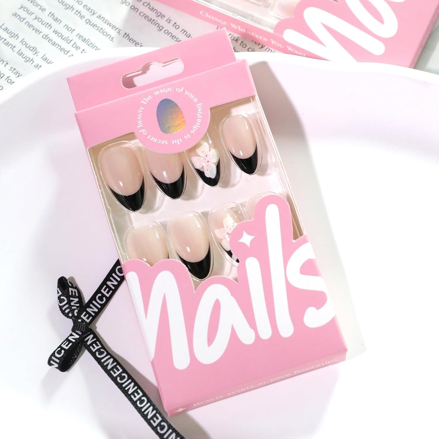 French Tip Almond Press-On Nails with Gold Bow | Reusable Glossy Acrylic False Nails for Women