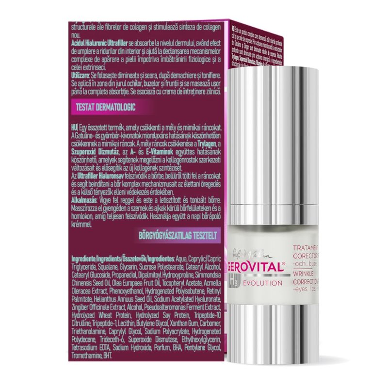 GEROVITAL EVOLUTION Anti-Wrinkle Serum for Eyes, Lips and Forehead Area with Hyaluronic Acid, Vitamin A and E, Reduces Deep Wrinkles, Improves Skin Elasticity, 15 ml