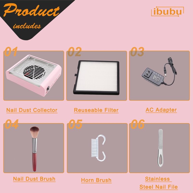 ibubu Nail Dust Collector Machine Electric Strong Suction Nail Dust Vacuum Cleaner Nail Salon Dust Extractor Acrylic Nail Powder Dust Collector Vacuum Fan with Multiple Tool Kits for Nails Pink