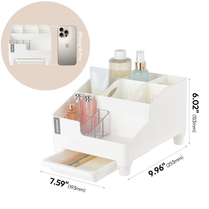 carrotez Make up Vanity Organizer Countertop Skincare Cosmetic, Accessories Organizers, Customizable Compartments - White, 7.6 inches