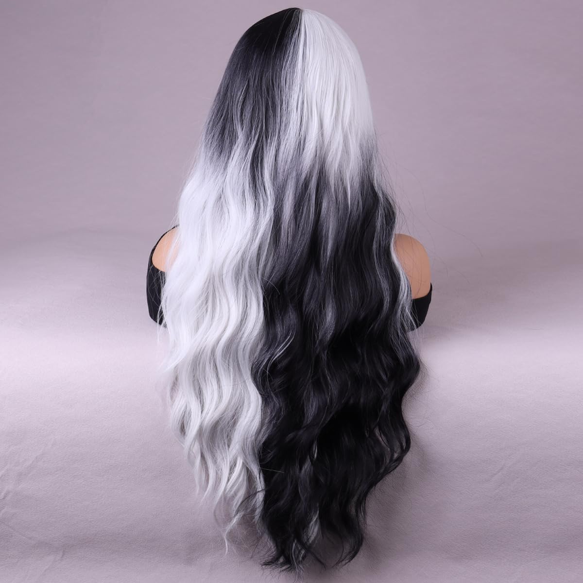 MAGQOO Black White Wig for Women Long Curly Wavy Black White Wig Middle Part Synthetic Heat Resistant Halloween Cosplay Costume Party Wig