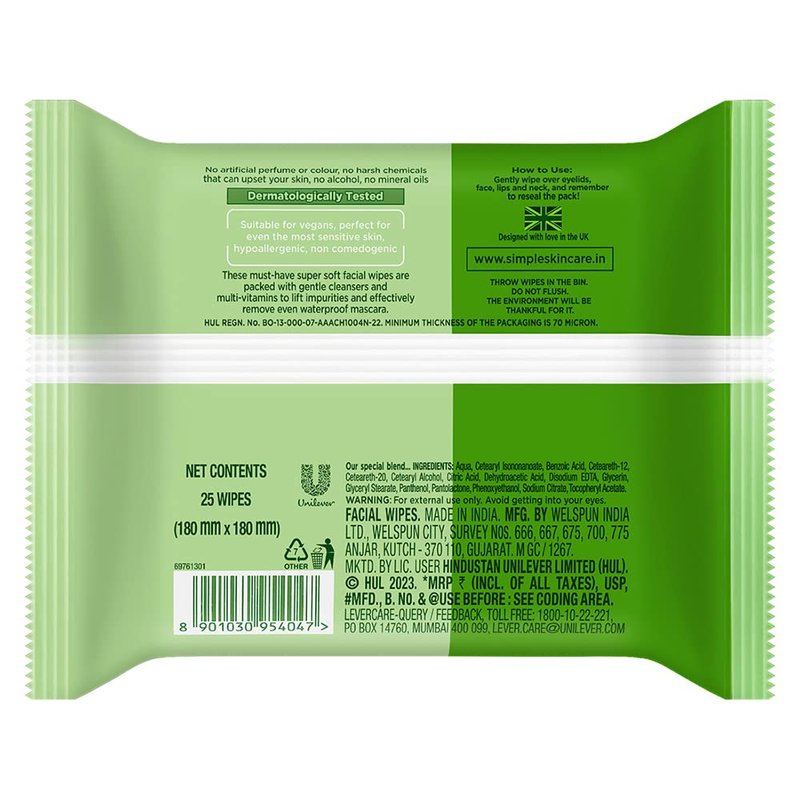 Simple Kind to Skin Cleansing Facial Wipes, 25 Count (Pack of 6)