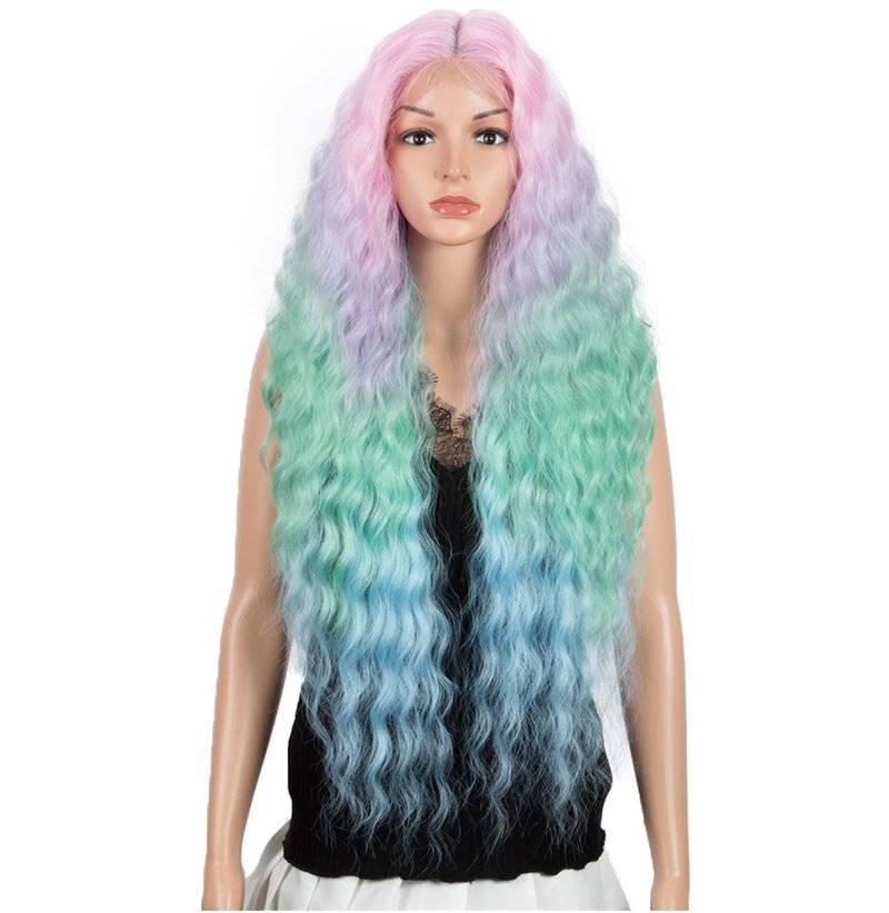 Joedir Lace Front Wigs 30" Long Wavy Synthetic Wig 4.5" Deep Part HD Transparent Lace With Baby Hair For Women 130% Density Wigs(Ombre Pastel Multi-Color)