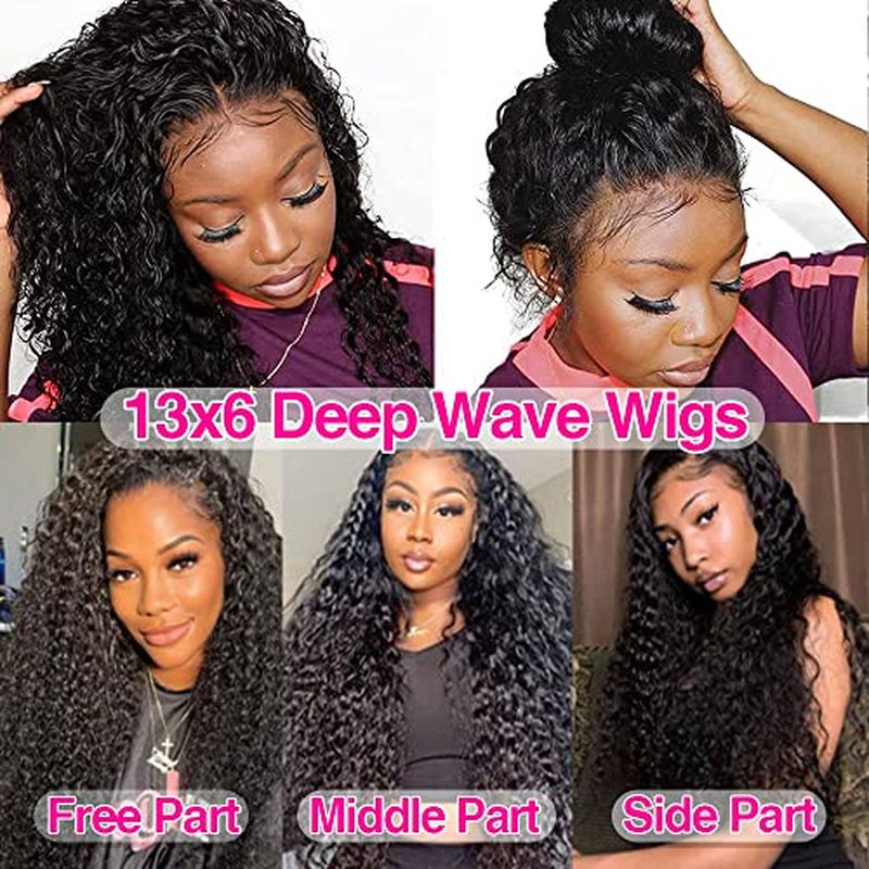 CHEETAHBEAUTY Deep Wave 13X6 HD Transparent Lace Front Wigs Human Hair Brazilian 10A Grade Deep Curly Human Hair Wigs for Black Women Pre Plucked with Baby Hair Natural Black 250% Density(16inch)