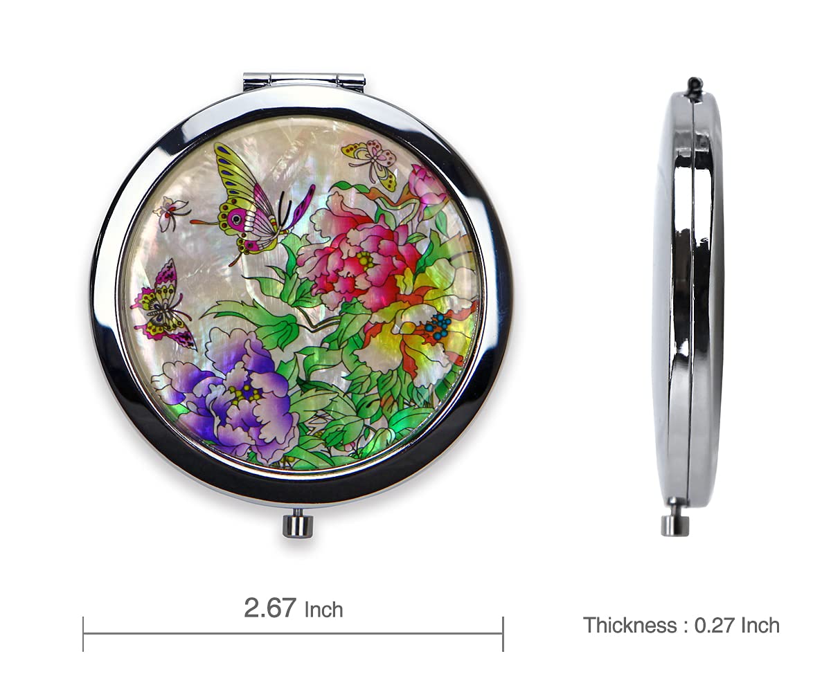 Compact Mirror–Mother of Pearl Magnifying Mirror–One-Touch Travel Makeup Mirror–Elegant Handheld Mirror with Floral Design–Dual-Sided Portable Mirror–Traditional Korean Painting(Butterfly TreePeony)