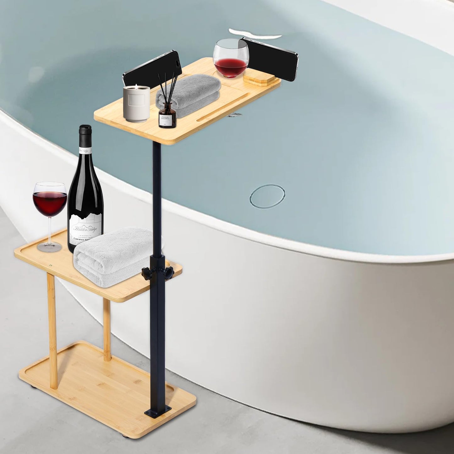3 Layer Bath Tub Tray Table, Liftable Freestanding Bamboo Bath Tray Caddy for Tub Against Wall, Bath Table Tray Tub Shelf Bathroom Organizer Shelf for Luxury Spa and House Warming New Home