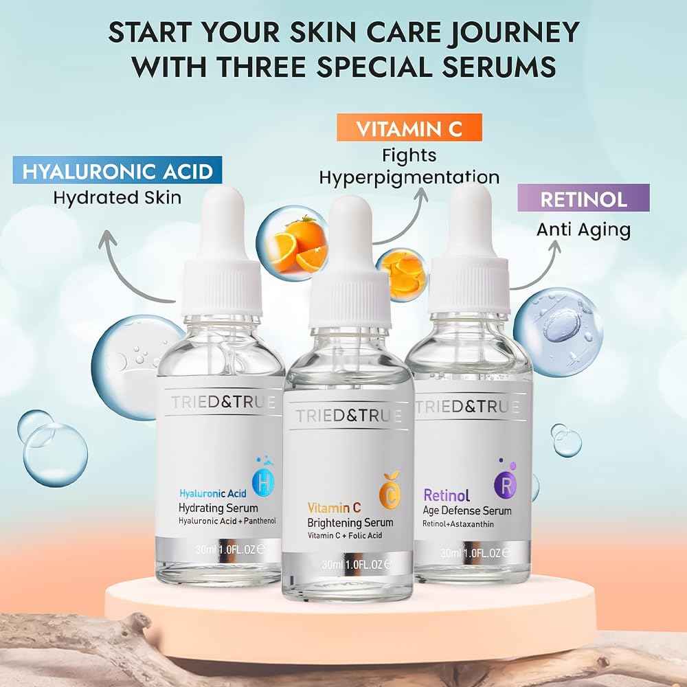 The Ageless Beauty Kit- Retinol Serum, Vitamin C Serum, and Hyaluronic Acid Serum- Skin brightening, anti-aging, skin perfecting kit- 3 Serum Set- TRIED & TRUE