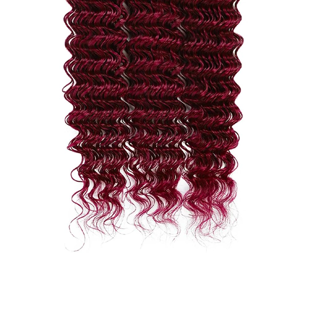 99J Burgundy Deep Wave Human Hair Bundles - 12, 14, 16 Inch Red Hair Extensions
