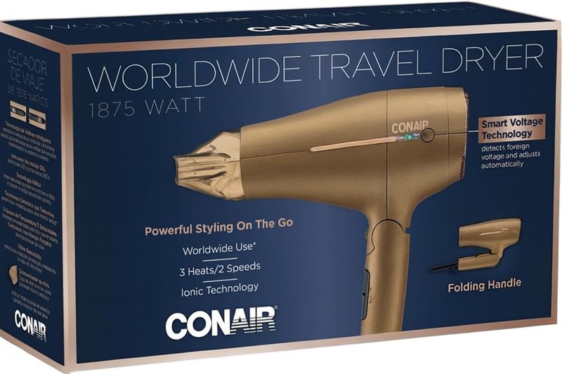 Conair 1875W Worldwide Travel Hair Dryer ā Dual Voltage, Folding Handle, Ionic Technology ā Champagne Compact Travel Blow Dryer for International Use