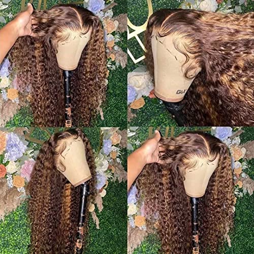 Highlight Ombre 13x4 Deep Wave Lace Front Wig Human Hair for Women 180% density HD Transparent Honey Blonde P4/27 Glueless 13x4 Curly Frontal Wig Pre Plucked with Baby Hair Super Soft 20inch