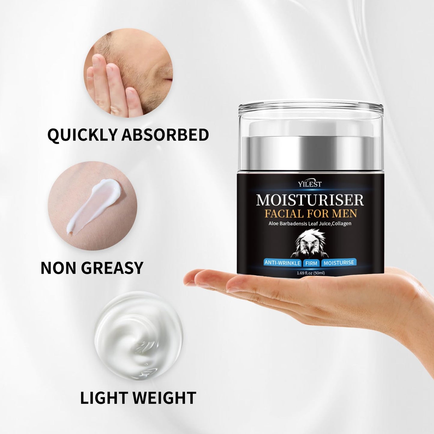 YILEST Men's Anti-Wrinkle Firming Face Moisturizer, Lightweight Daily Hydrating Cream with Aloe & Collagen, Reduces Fine Lines, Nourishes All Skin Types, 1.69 Fl Oz