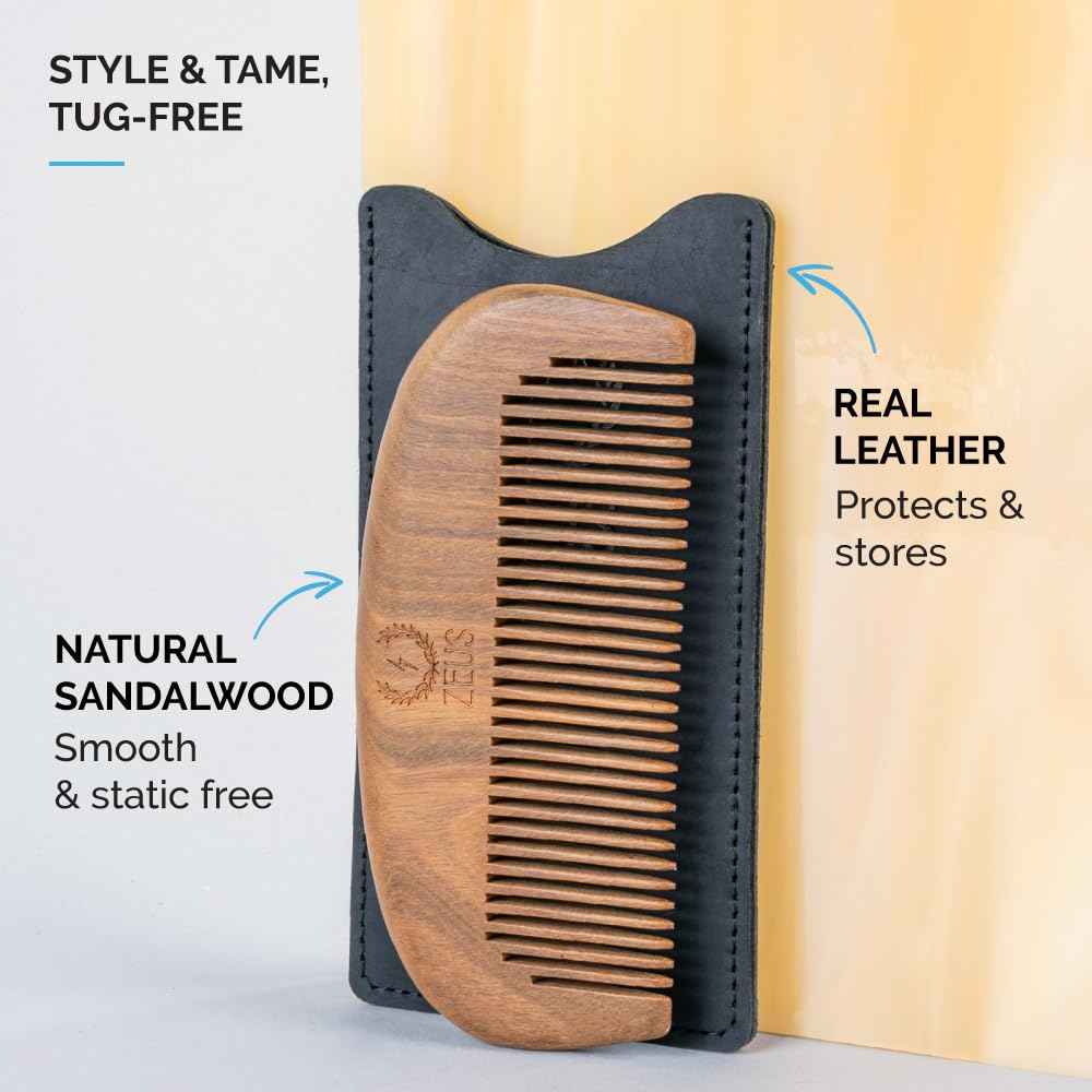 ZEUS Sandalwood Beard Comb for Men, Natural Wooden Comb with Leather Sheath, Travel-Friendly & Anti-Static Grooming Tool (S31)