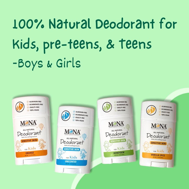 MONA Honeydew Natural Deodorant for Kids, Preteens & Teens, Aluminum Free, Gluten and Baking Soda Free, Gentle for Sensitive Skin, Vegan Kids Deodorant Stick, 2-Pack