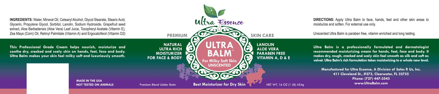 Ultra Balm Daily Moisturizer 16 oz For Dry Itchy Skin, Psoriasis and Eczema, Contains Lanolin, Vitamins A, D & E, Aloe Vera, To Moisturize Face, Body, Dry Hands & Cracked Heels (Unscented)