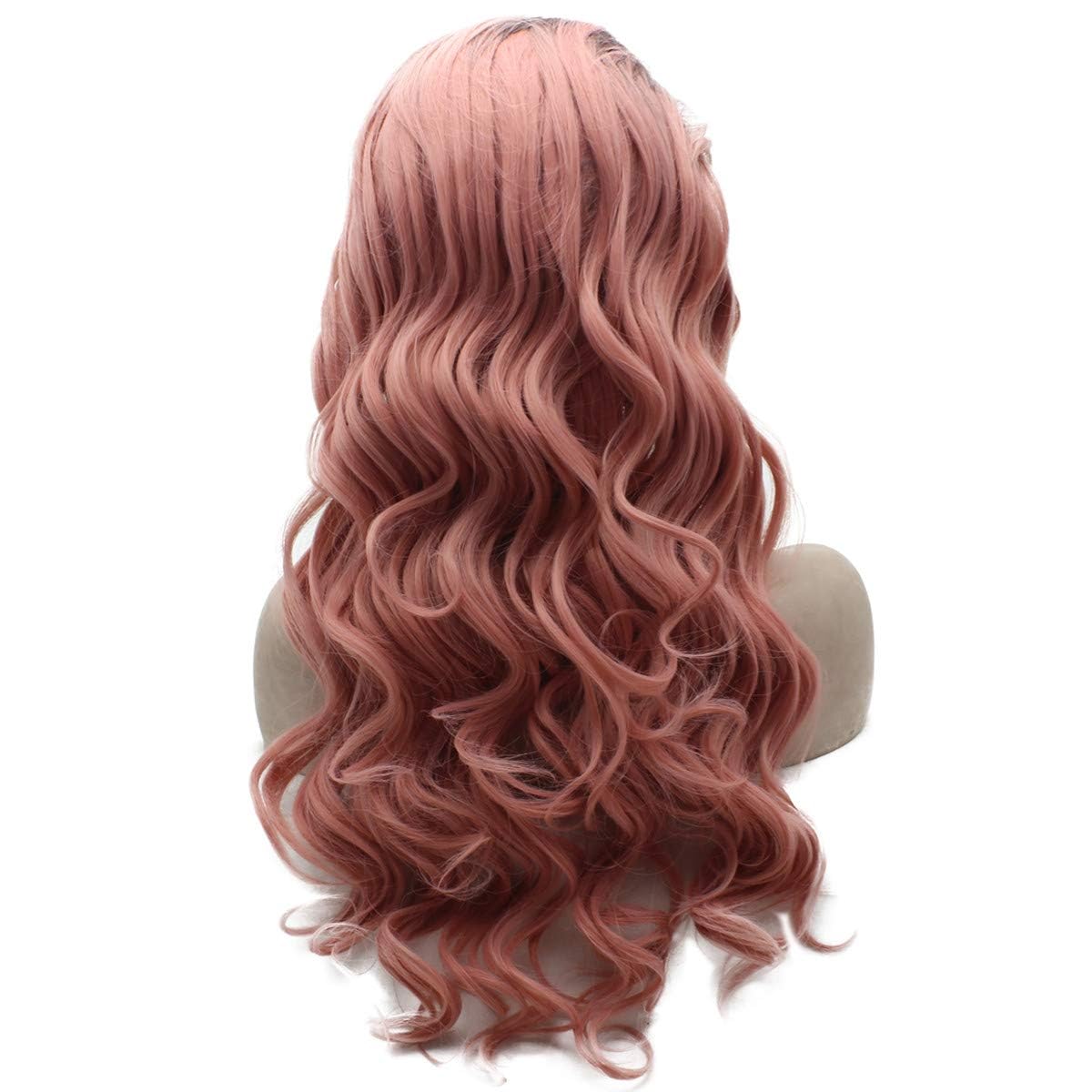 Long Wavy Pink Lace Front Wig - Dark Root Synthetic Hair | Half Hand Tied Design