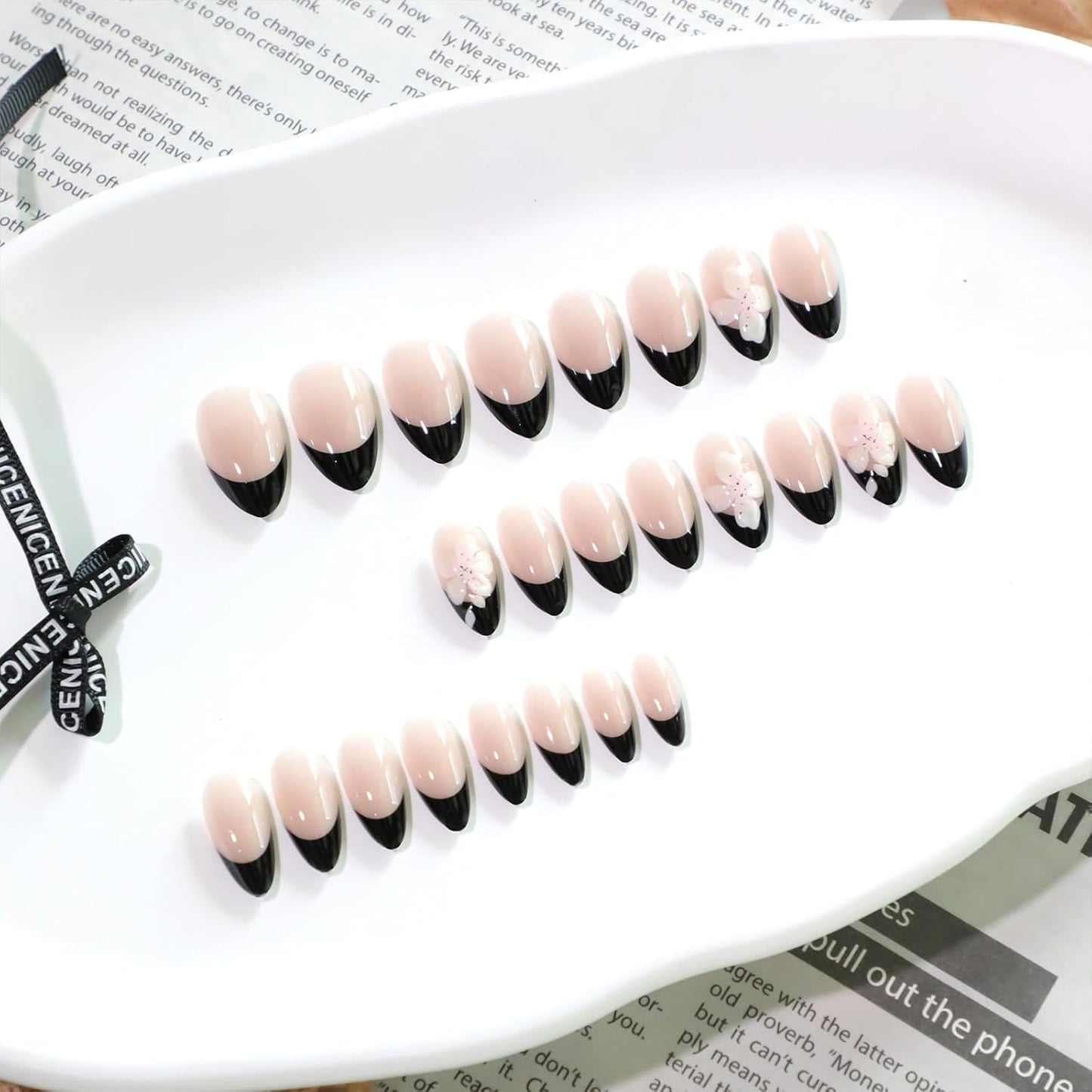 French Tip Almond Press-On Nails with Gold Bow | Reusable Glossy Acrylic False Nails for Women