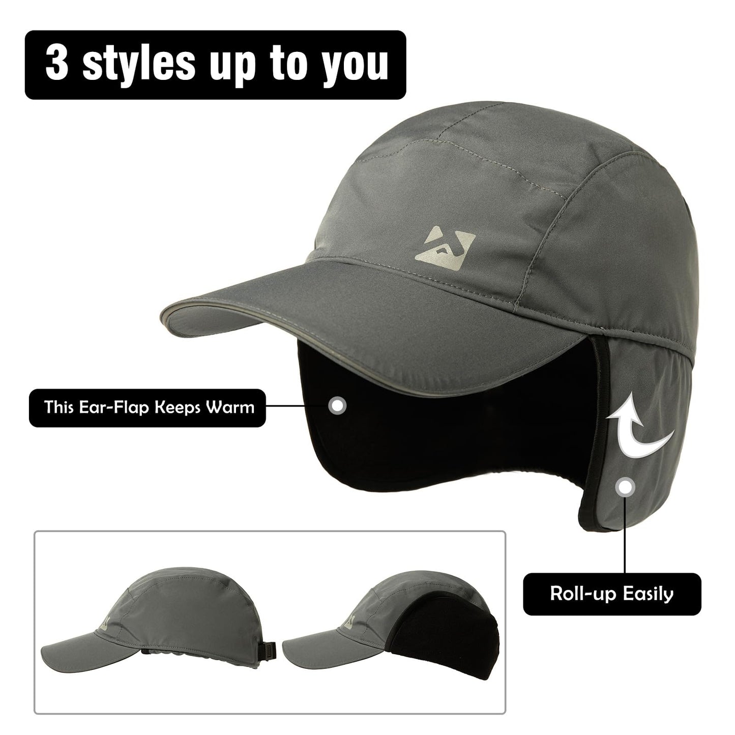 TOP-EX M/L Men Women Waterproof Winter Baseball Cap Fleece Earflap Trapper Hat for Cold Weather Big Heads Gray Large