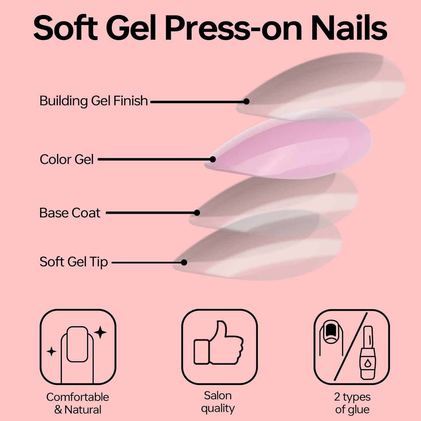 French Almond Gel Press On Nails Short 16 Sizes Fake Nails Glossy 32pcs, Nail Glue Included
