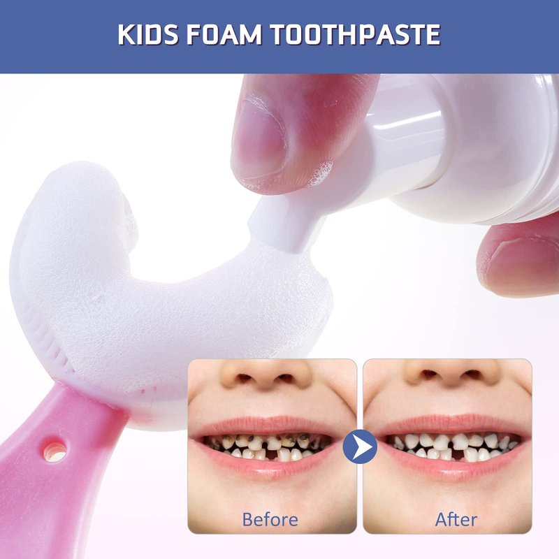 Foam Toothpaste Kids, Toddler Toothpaste with Low Fluoride, Kids Toothpaste for U Shaped & Electric Toothbrush, Foam Toothpaste for Children Ages 3 Plus (4PCS, Strawberry+Orange+Watermelon+Blueberry)