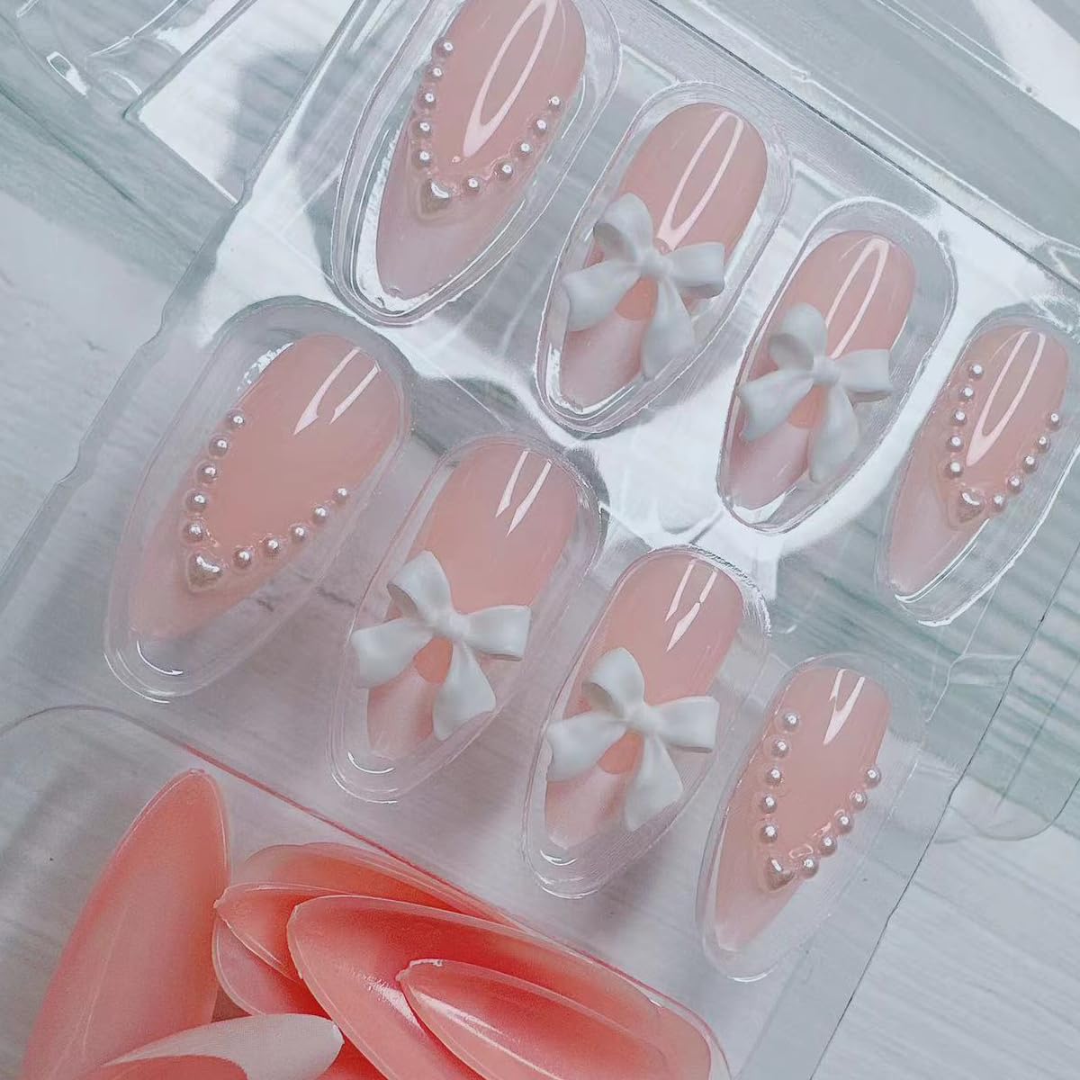 24pcs French Tip Press-On Nails - Short, Charms, Bow, Flower Design, Pink, Cute, Square Shape, Acrylic, Rhinestones