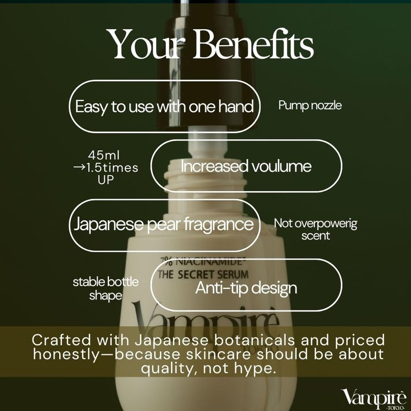 Vampire The Secret Serum, Vampire TOKYO Niacinamide Serum, Hali, Gloss, Moisturizing Care, Supports Dry Skin, Transparency, CICA Retinol Formulated, Made in Japan, Japanese Cosmetics
