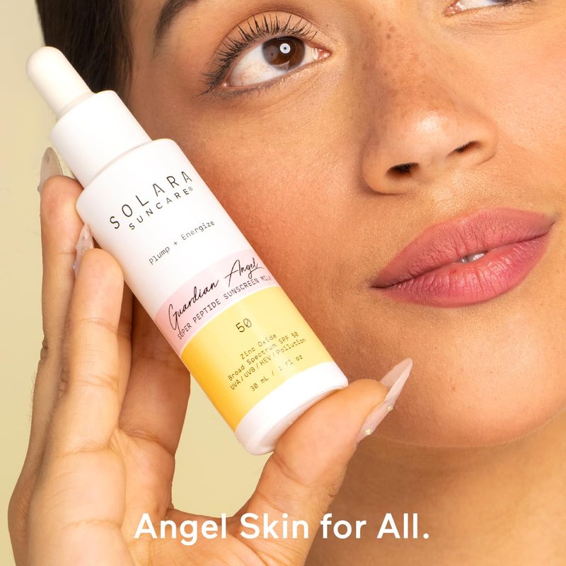 Solara Suncare - Guardian Angel Super Peptide Sunscreen Milk, SPF 50 | EWG Verified, Vegan, Cruelty Free, Reef friendly | Plump+Energize | Zinc Oxide Helps Fight UVA, UVB, Pollution (1 fl oz | 30 ml)