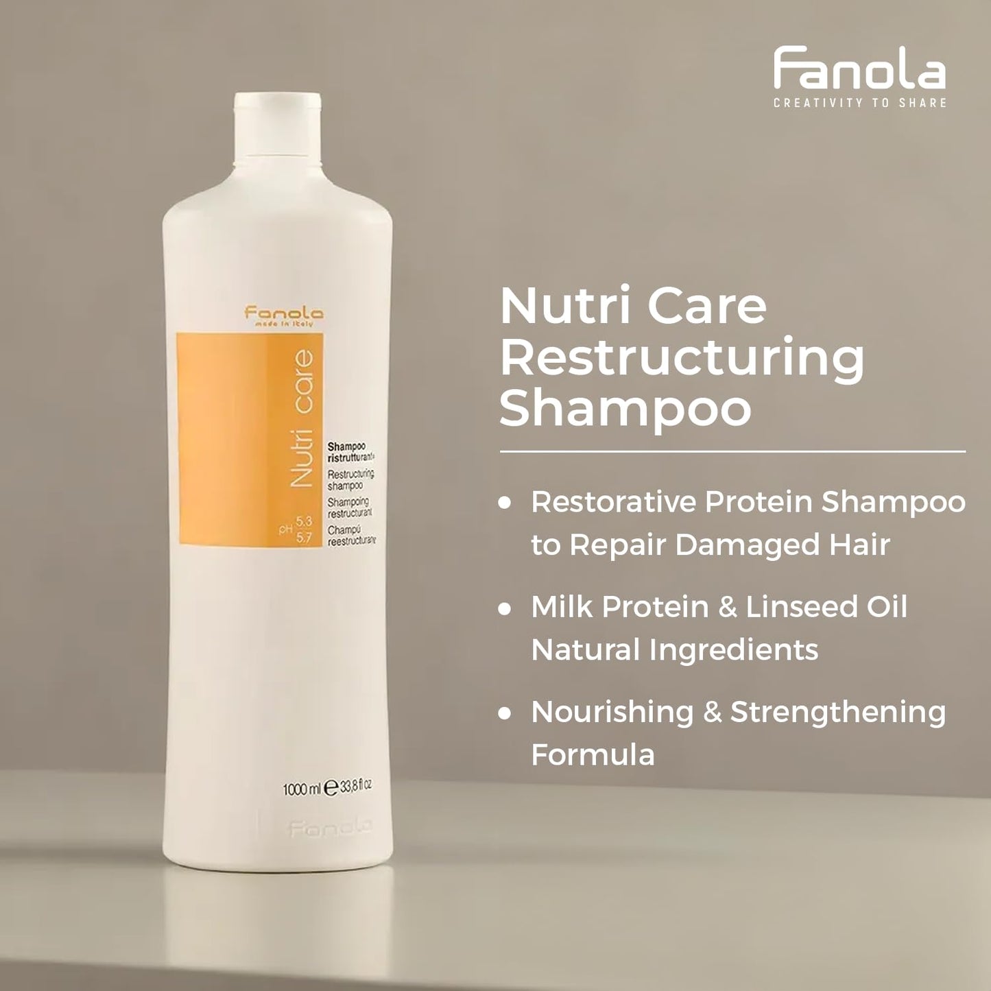 Fanola Nutri Care Restructuring Shampoo - Milk Protein Repair Shampoo for Dry Damaged Hair - Hydrating Nourishing Cleanser for Chemically Treated Hair (1 L)